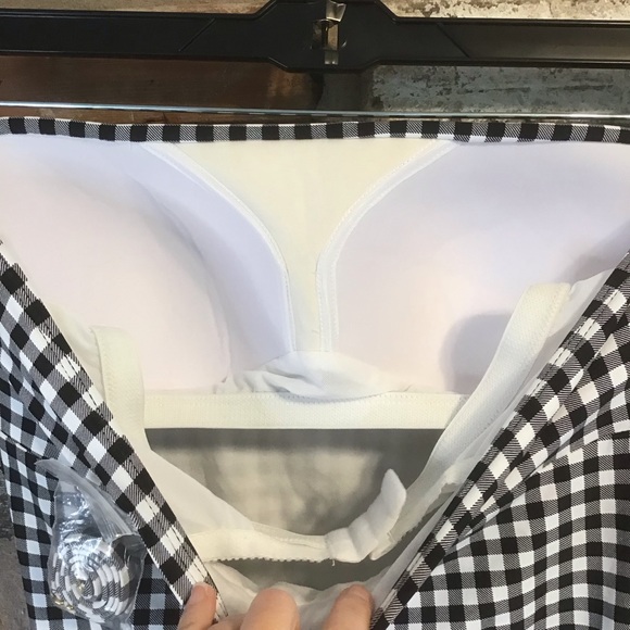 ALEX MARIE Black White Checkmate Gingham Shirred Bandeau One Piece Swimsuit NEW - Picture 4 of 6